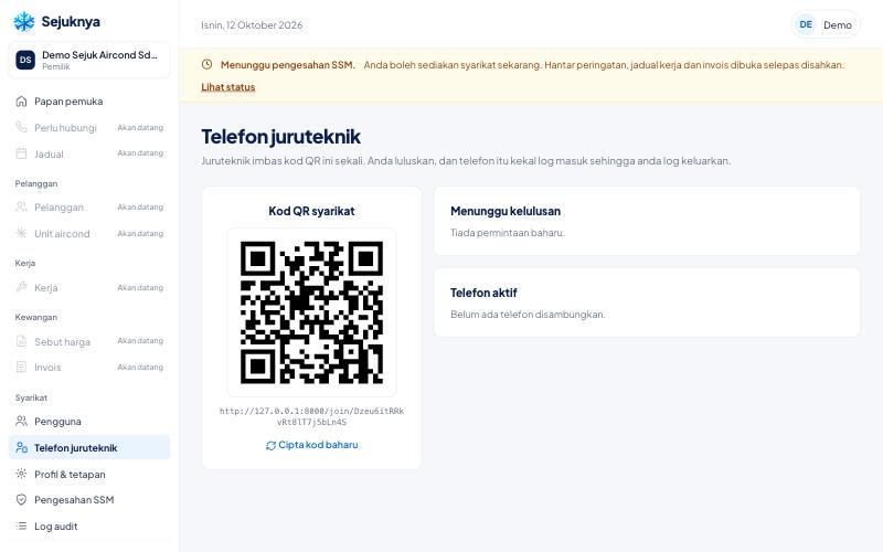 The technician phones page with the company QR code